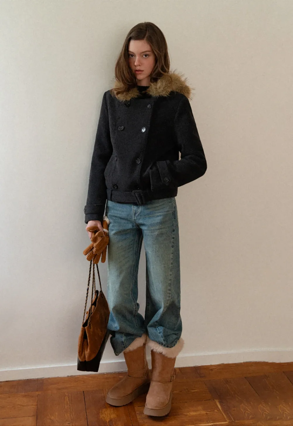 Hooded Wool Coat with Quilted Lining and Wool Collar