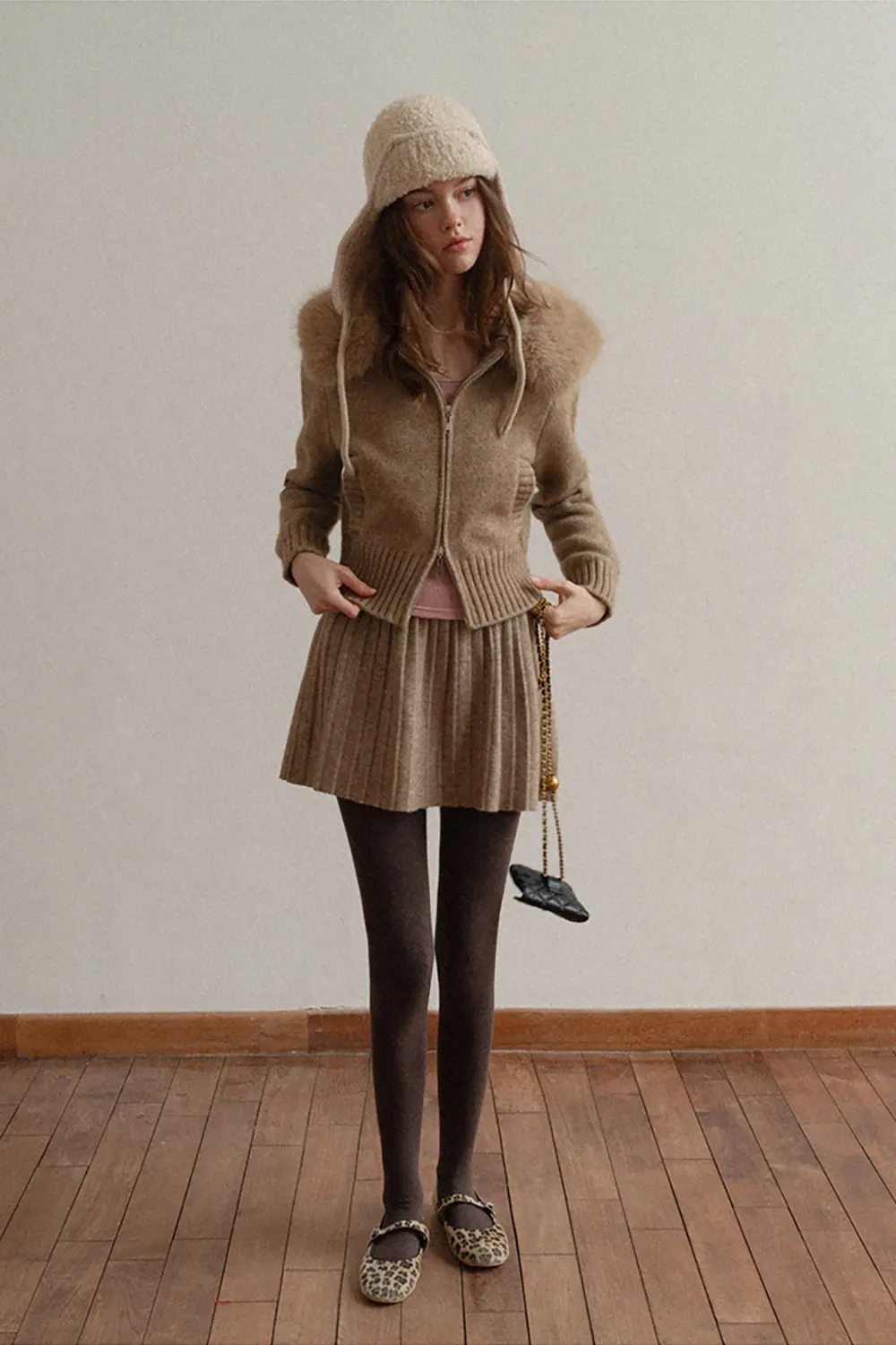 Zip Sweater and Pleated Skirt Combo