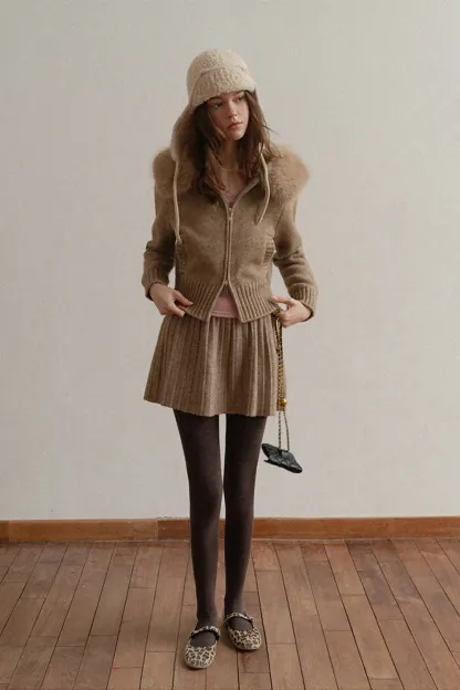 Zip Sweater and Pleated Skirt Combo