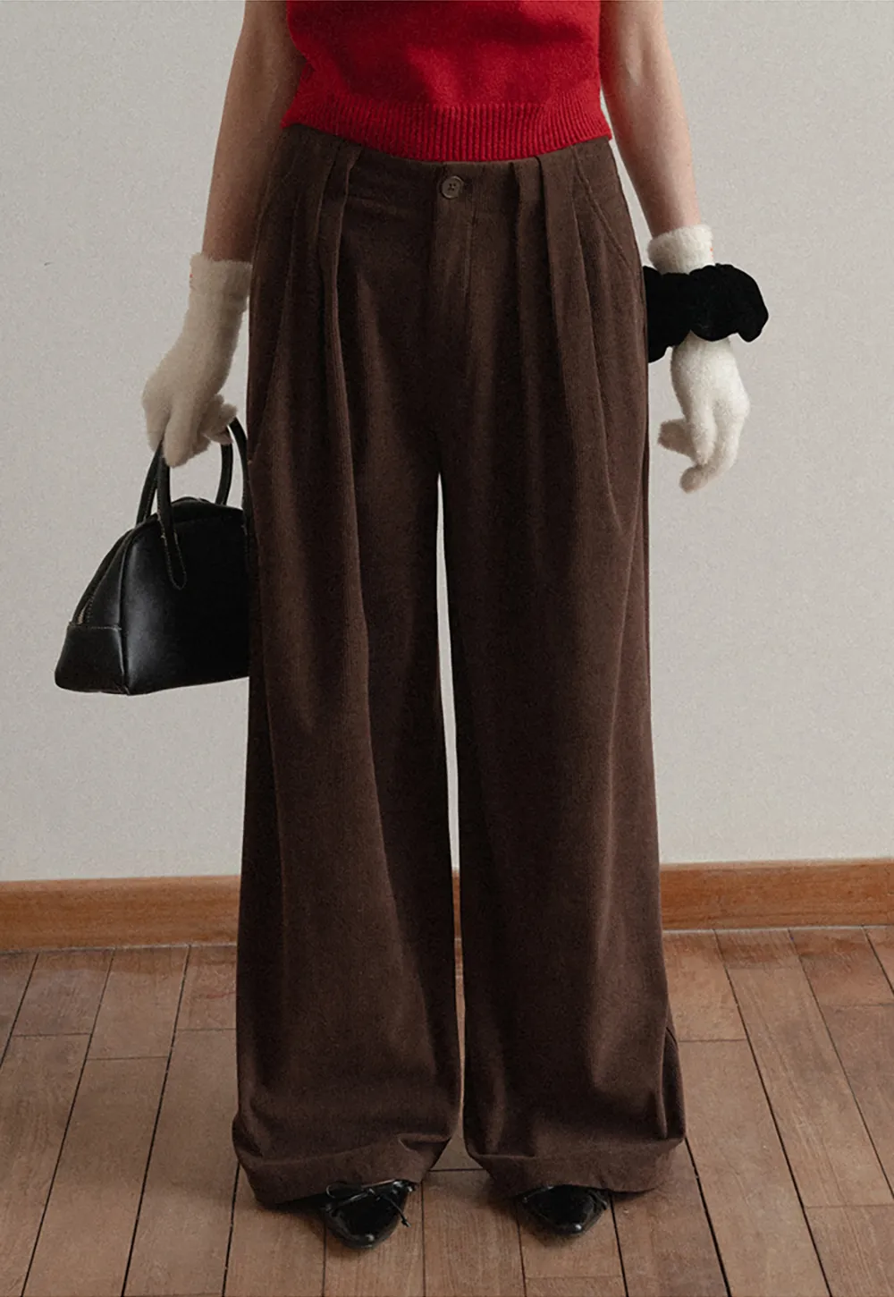 Pleated Wide-Leg Corduroy Pants