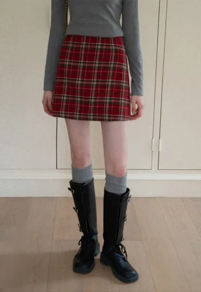 Plaid Mini Skirt and Knee-High Boots Casual Style