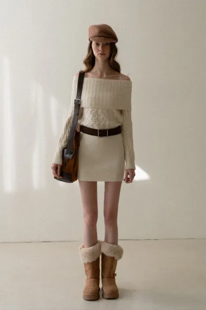 Off-Shoulder Cable Knit Waist-Cinching Dress