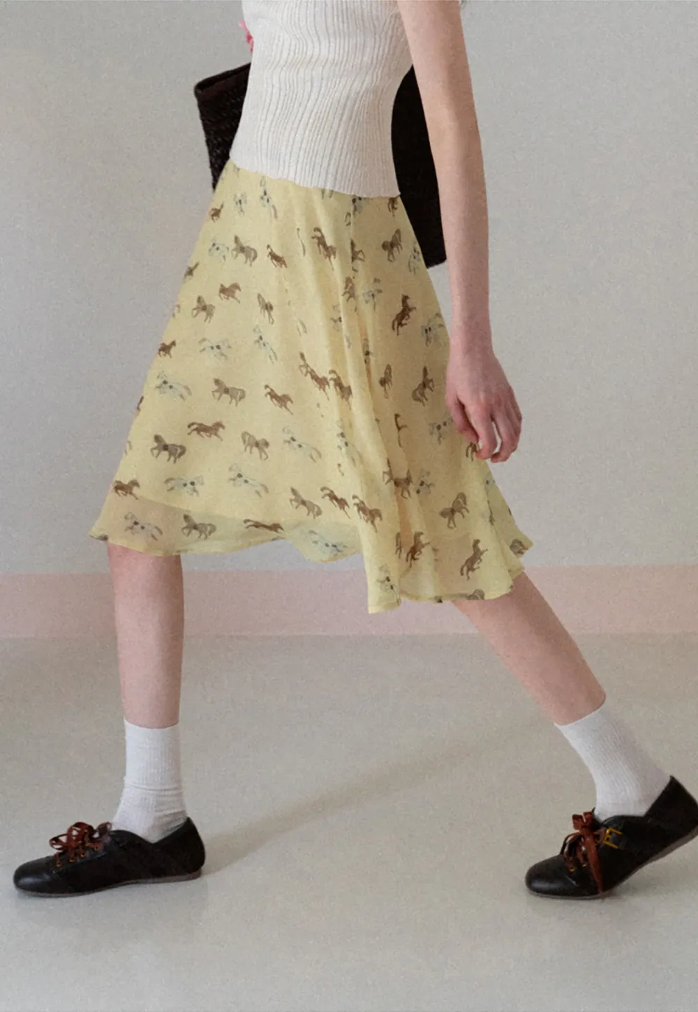 Horse Print Flared Midi Skirt