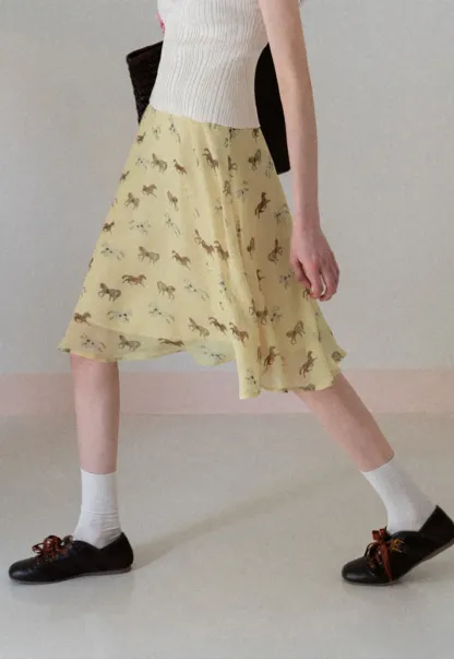 Horse Print Flared Midi Skirt