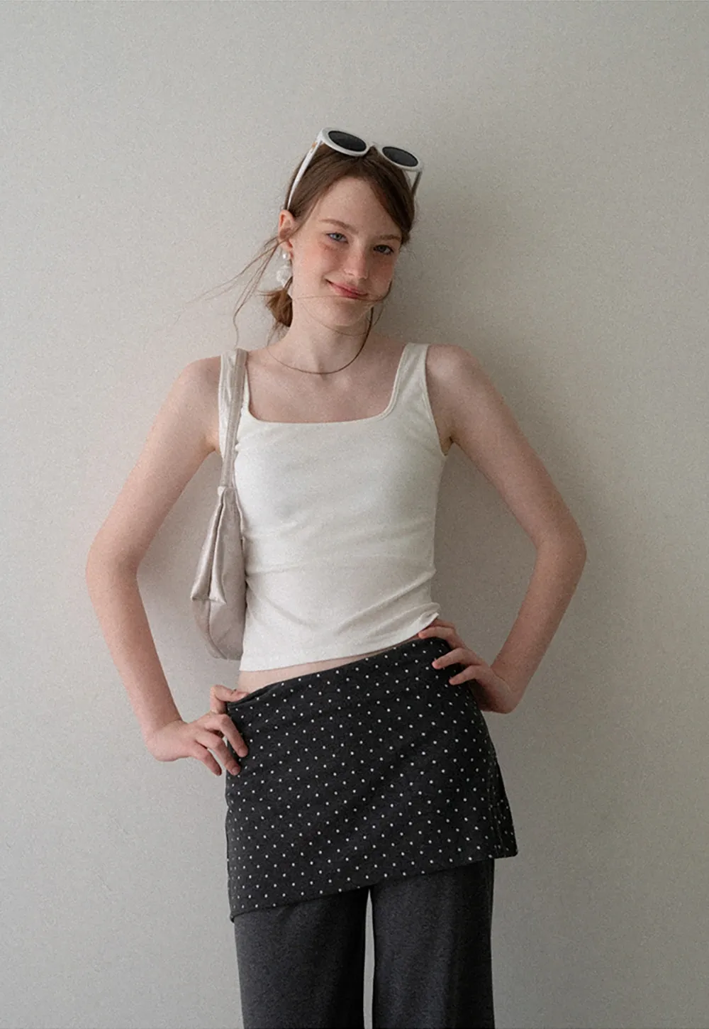 Polka Dot Overlay High Waist Wide Leg Casual Pants