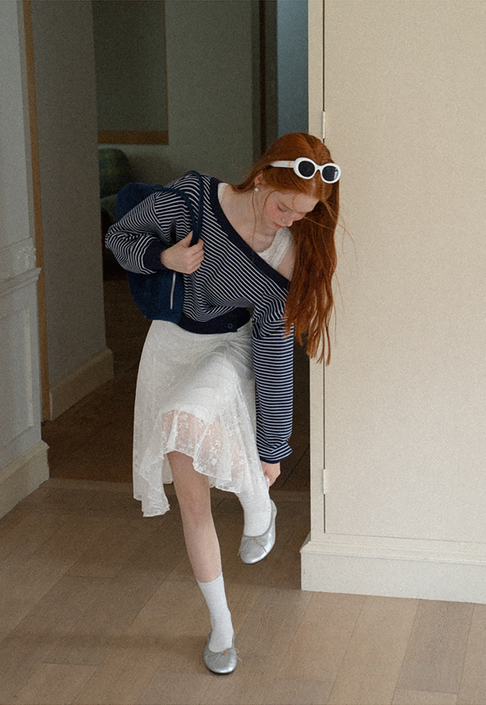 Off-the-Shoulder Striped Sweatshirt and Lace Tank Top Set