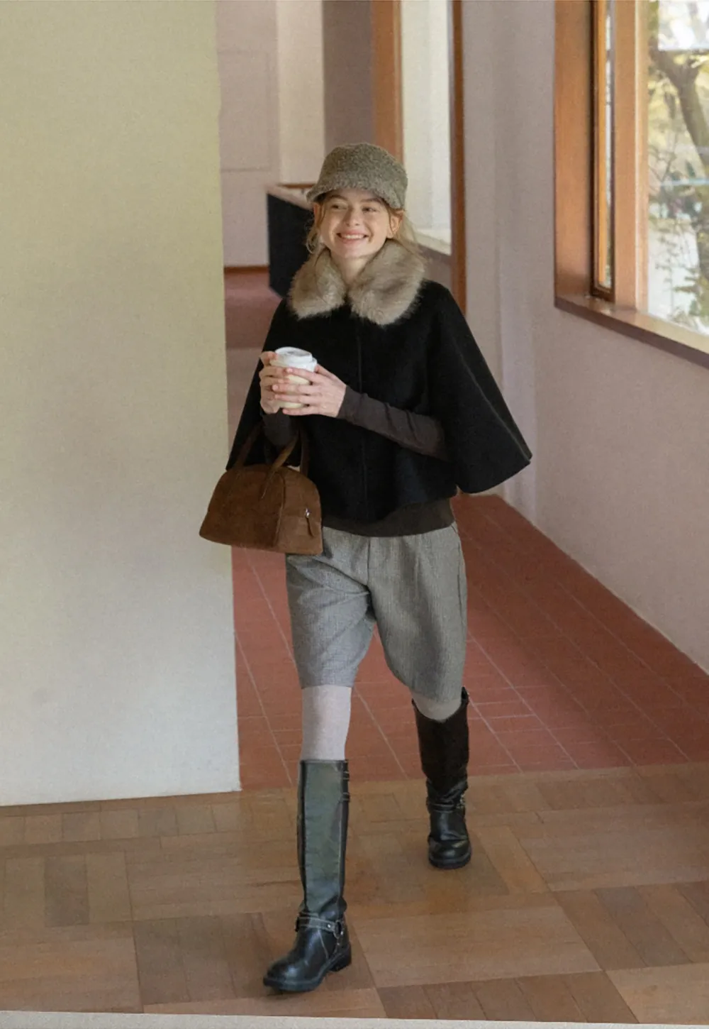 Faux Fur Trimmed Cape Wool Coat