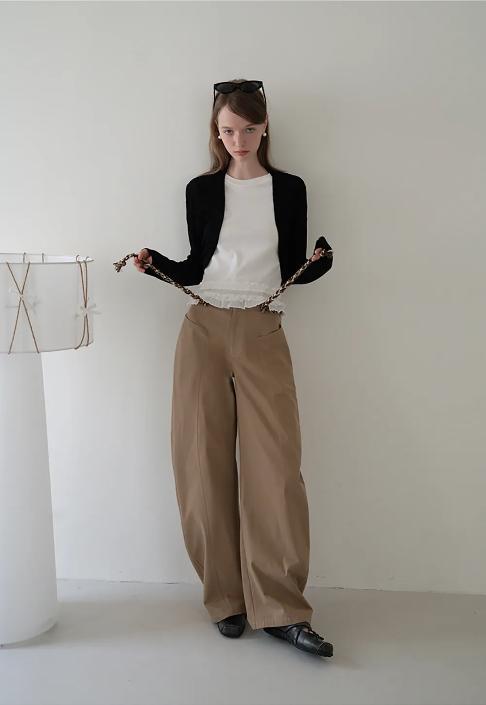 Wide-Leg Trousers with Braided Drawstring Detail