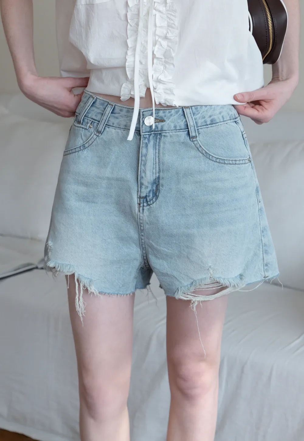 Fringed Belted Distressed Denim Shorts