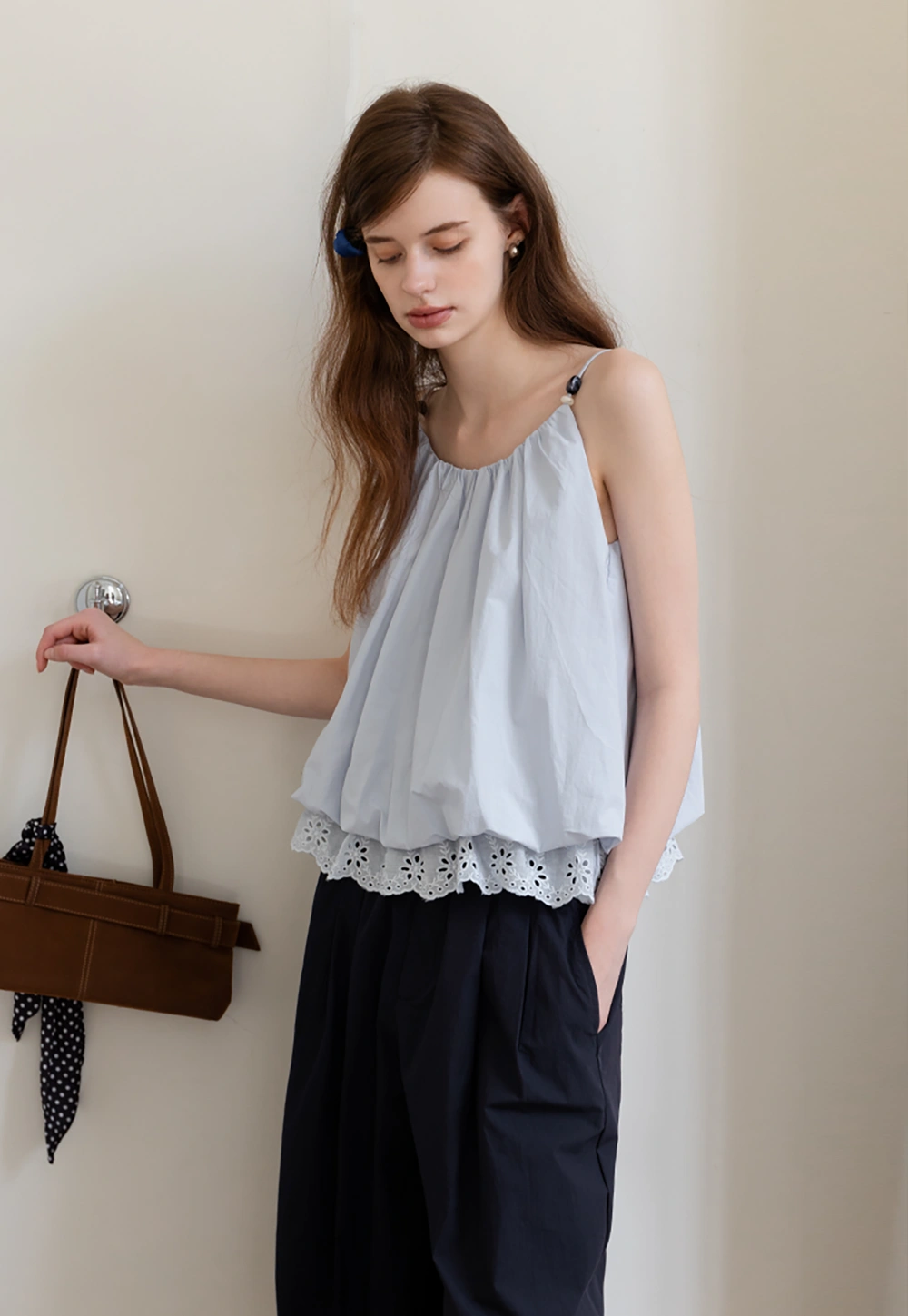 Women's Blue Lace-Trimmed Spaghetti Strap Top