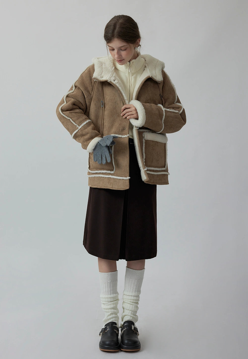 Women's Stand Collar Drawstring Faux Fur Lamb Wool Fleece Jacket