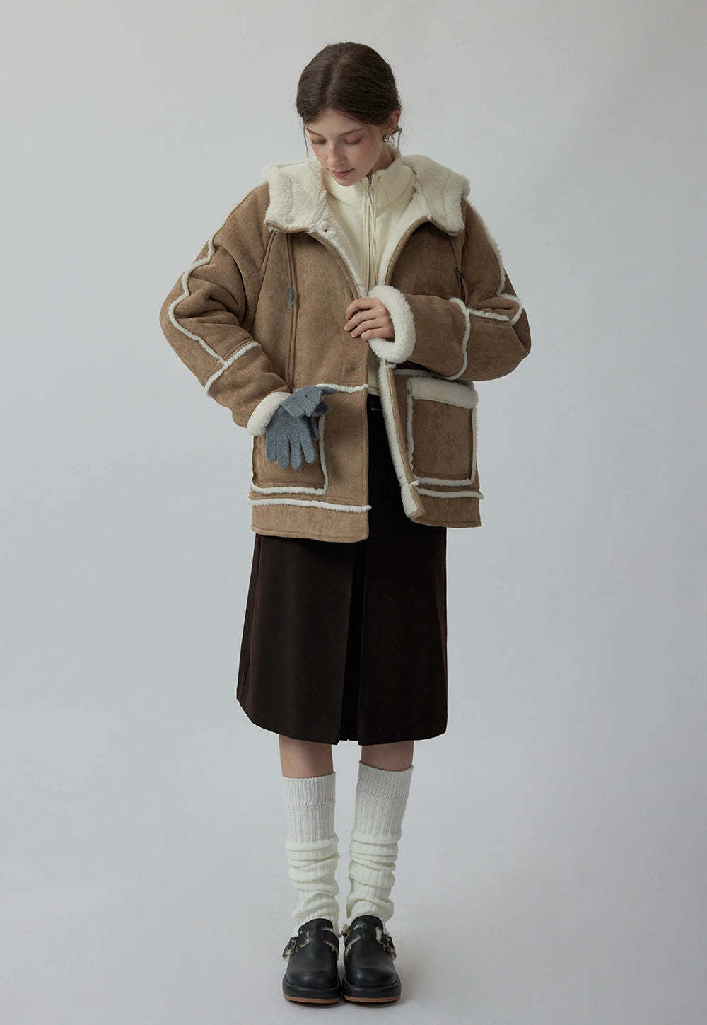 Women's Stand Collar Drawstring Faux Fur Lamb Wool Fleece Jacket