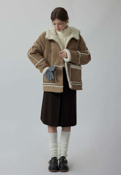 Women's Stand Collar Drawstring Faux Fur Lamb Wool Fleece Jacket