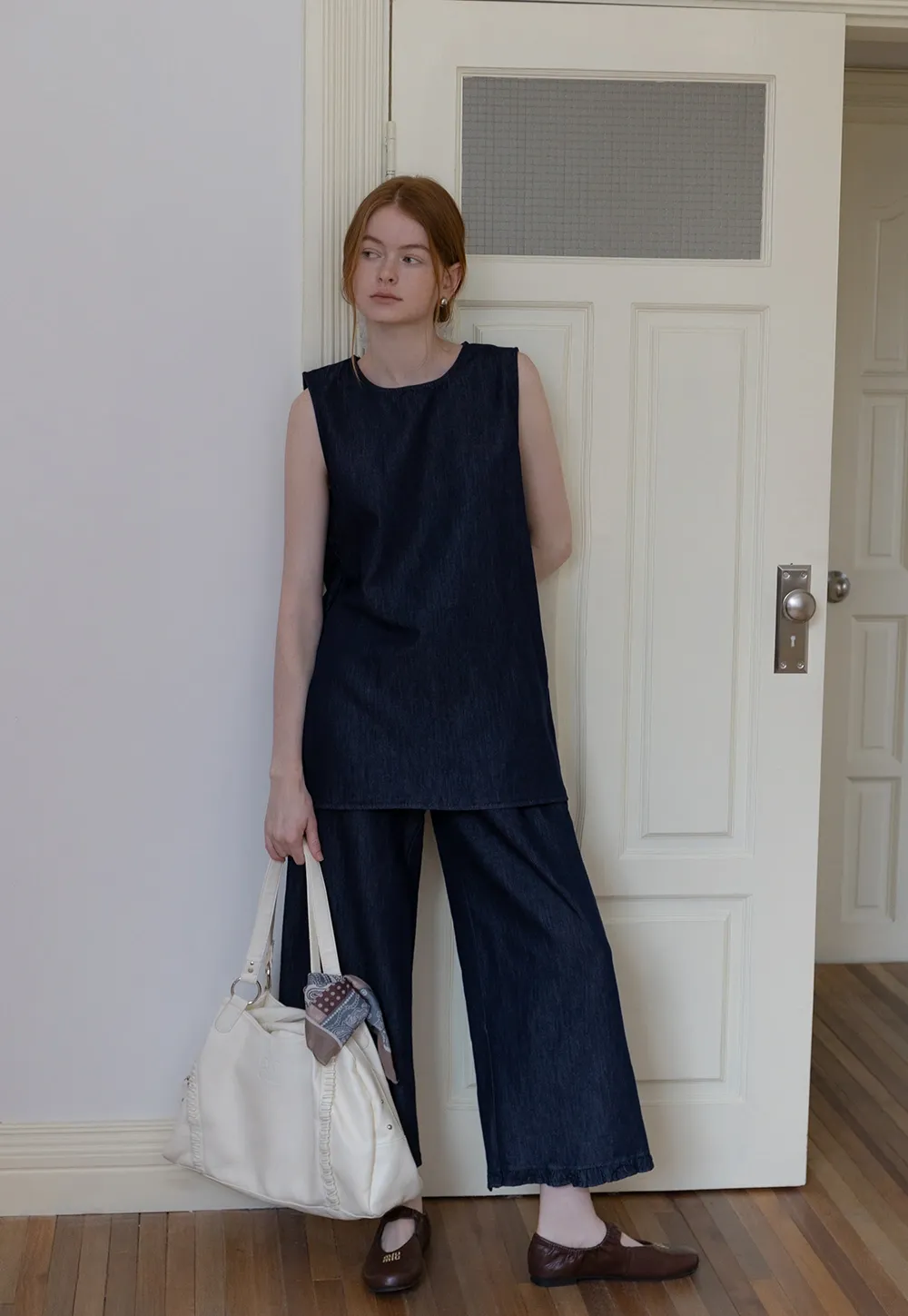 Sleeveless Denim Top and Wide-Leg Pants Set