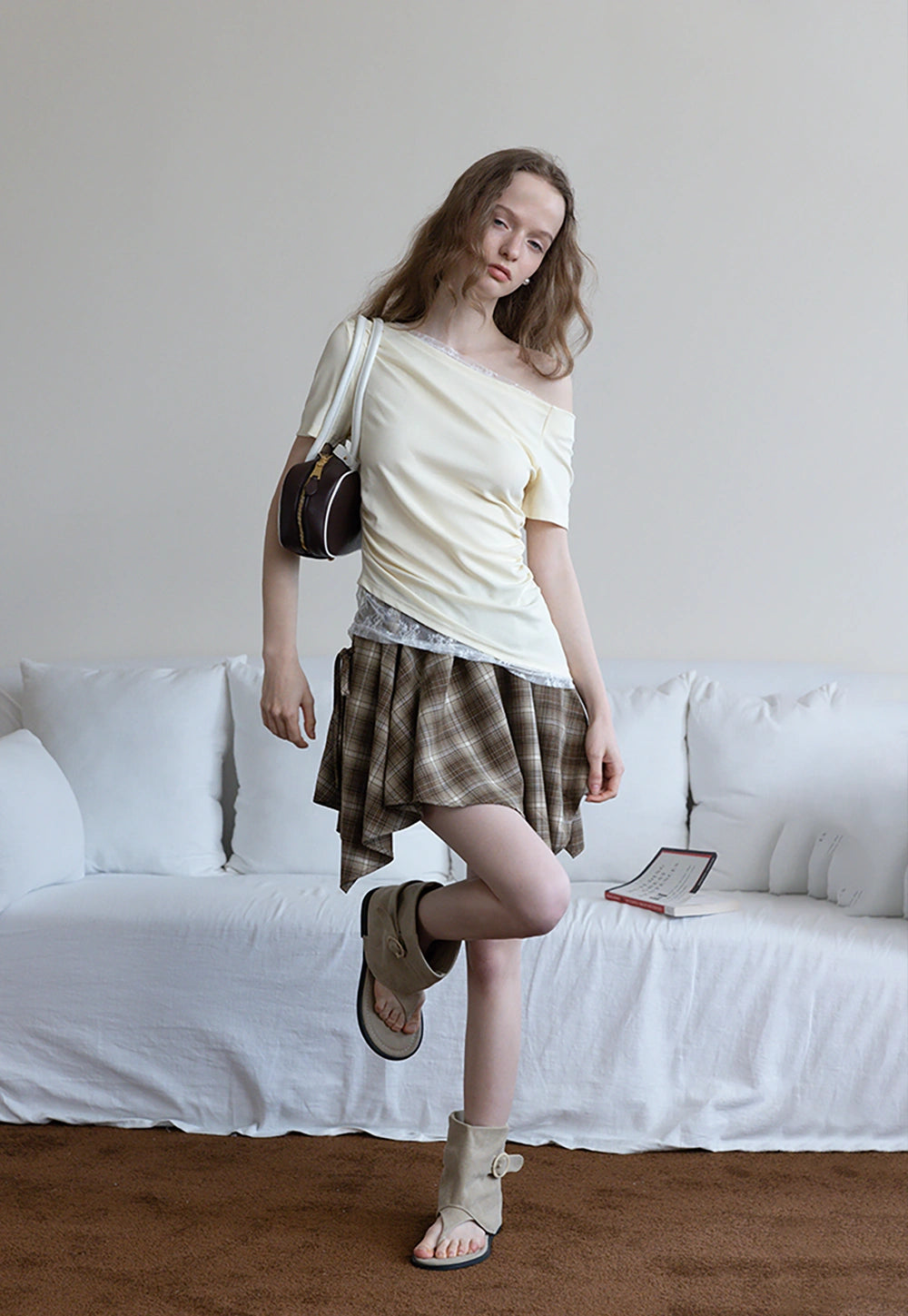 Asymmetrical Off-Shoulder Tee with Lace Hem
