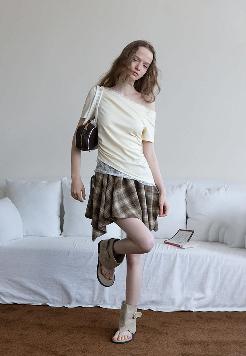 Asymmetrical Off-Shoulder Tee with Lace Hem