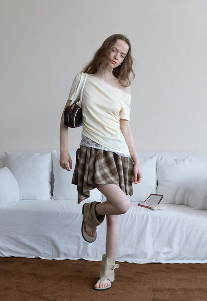 Asymmetrical Off-Shoulder Tee with Lace Hem