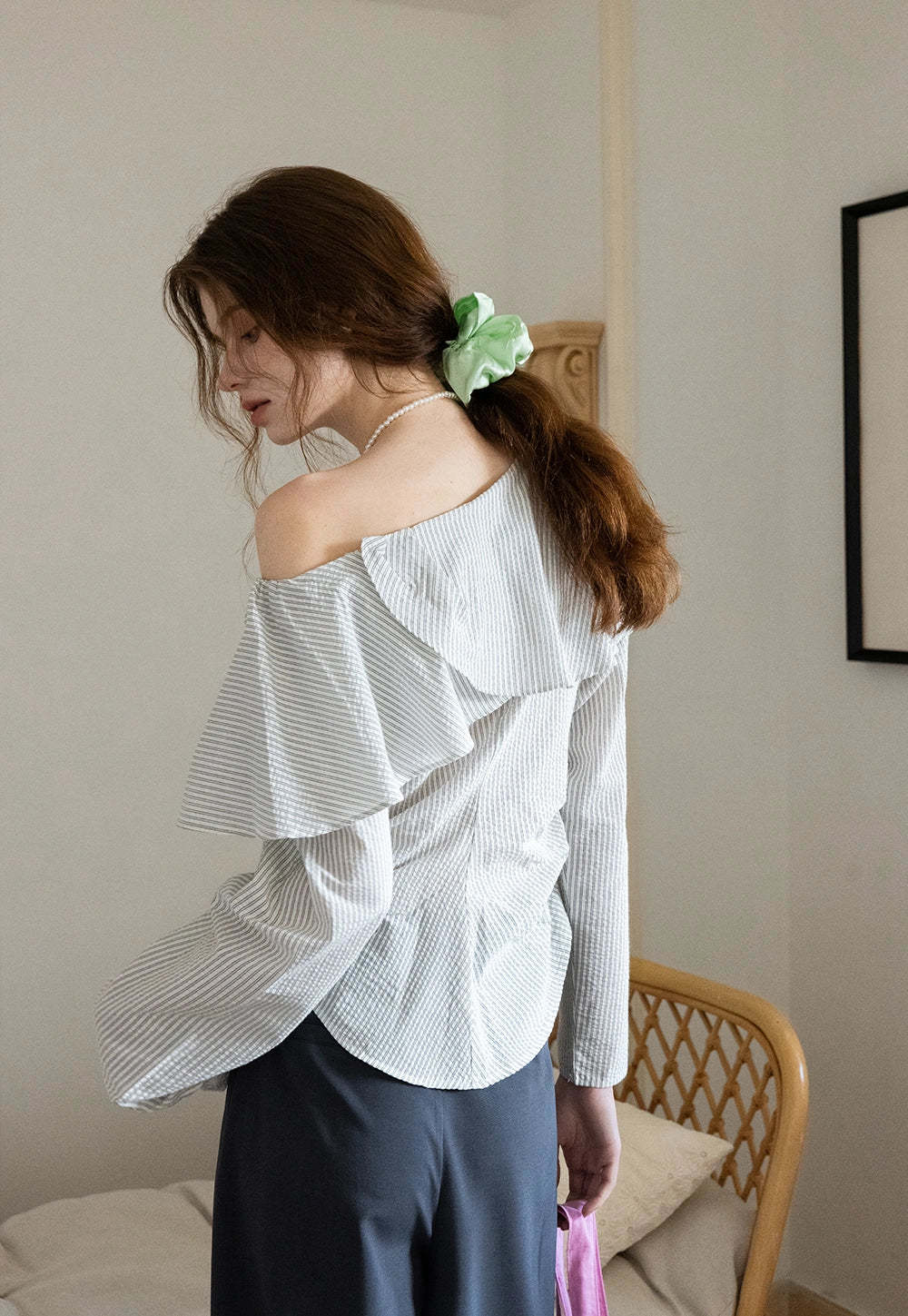 Off-Shoulder Ruffled Checkered Top with Long Sleeves