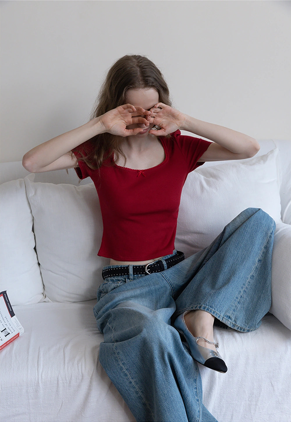 Square Neck Ribbed Tee with Bow Detail