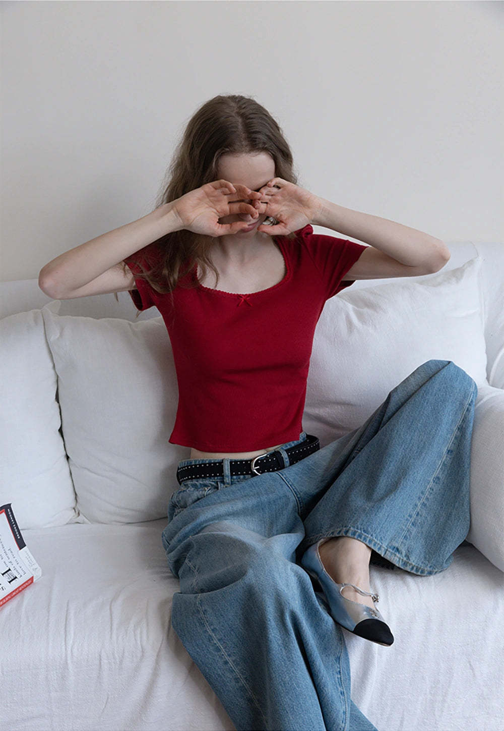 Square Neck Ribbed Tee with Bow Detail