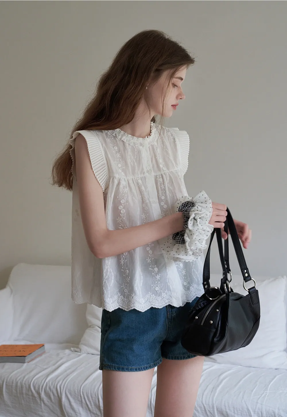 Women's Embroidered Ruffle Cap Sleeve Babydoll Blouse