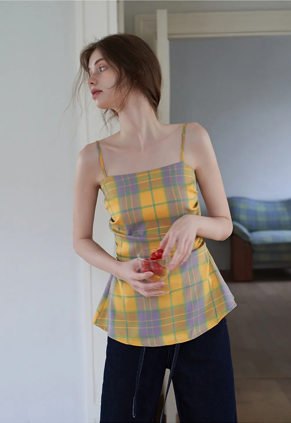 Women's Contrast Plaid Waist-Cinching Cami Top
