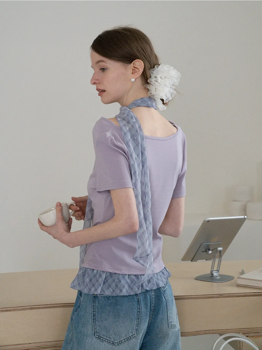 Draped Neck Top and Ruffle Hem