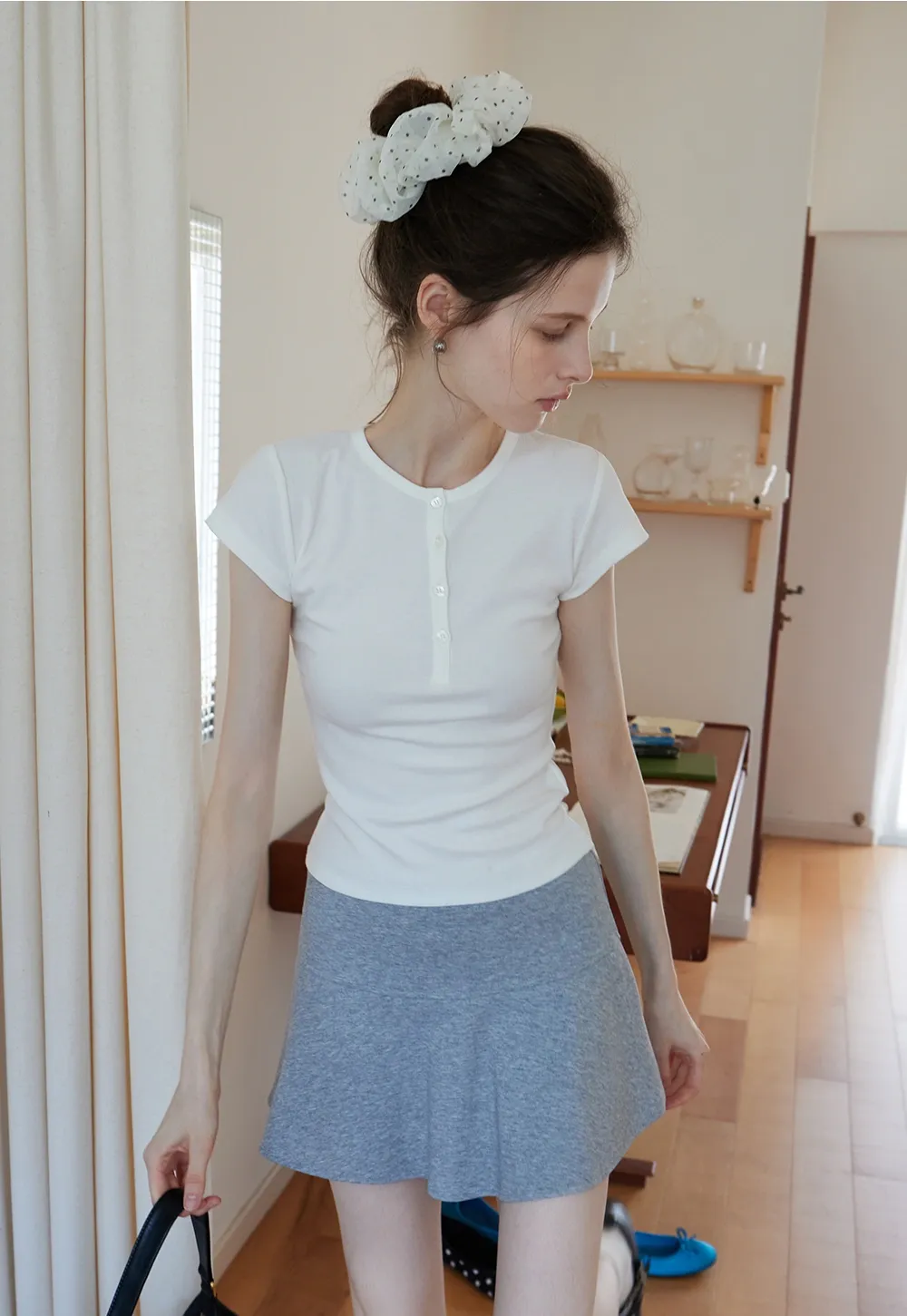 Basic Rib Knit Henley Tee for Women