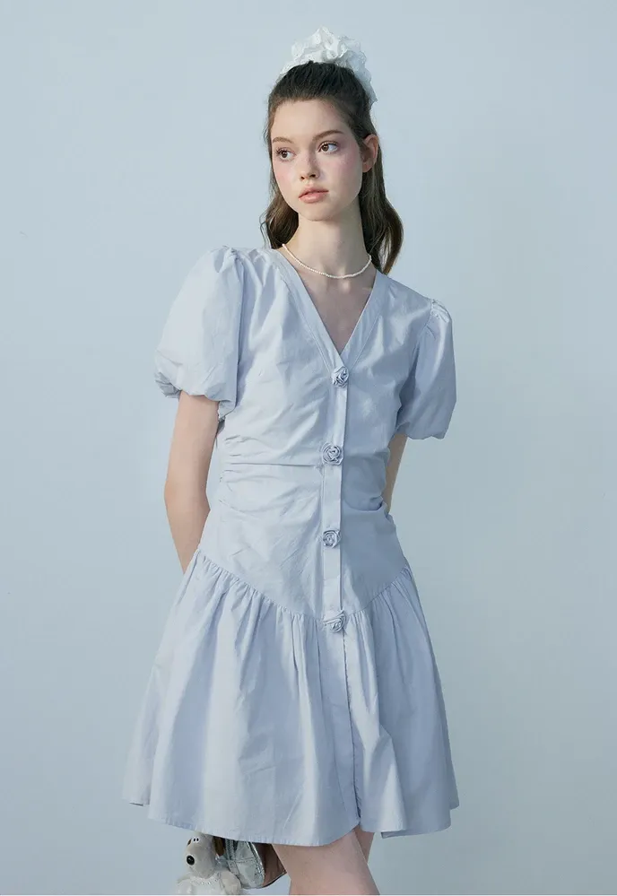 Women's V-Neck Puff Sleeve Mini Dress