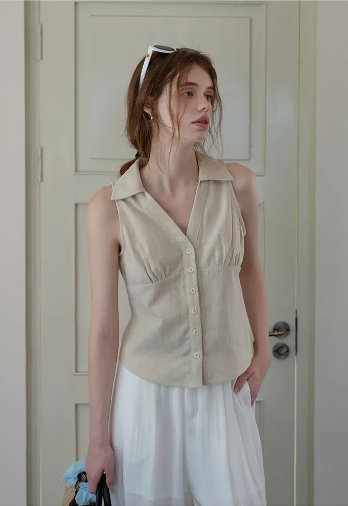 Women’s Linen Collared Button-Front Sleeveless Top