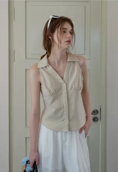 Women’s Linen Collared Button-Front Sleeveless Top