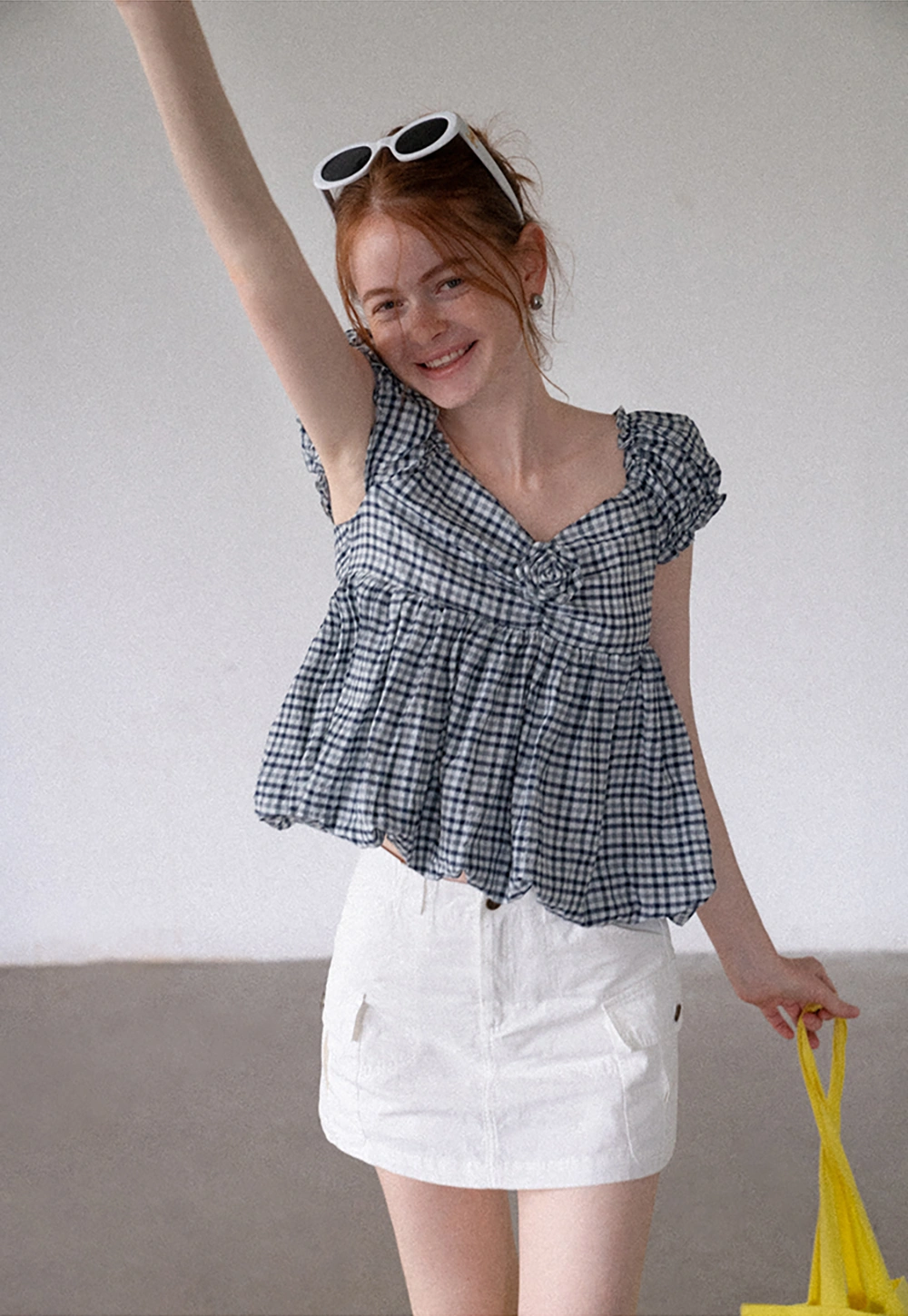 Women’s Gingham Puff Sleeve Peplum Blouse