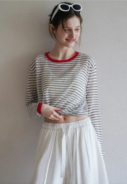 Women’s Striped Sheer Long Sleeve Knit Top
