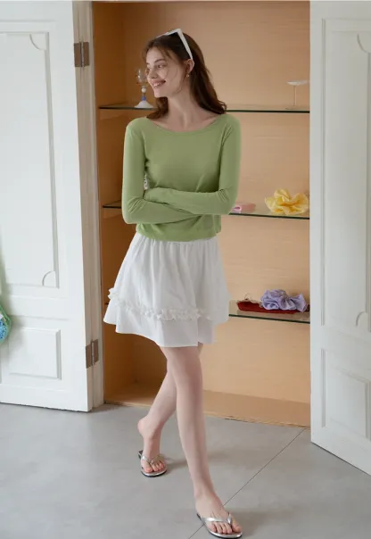 Women’s Ruffle Trim Elastic-Waist Mini Skirt