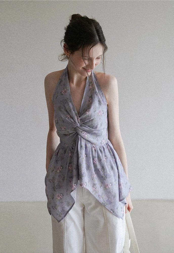 Women’s Floral Twist Halter Peplum Top