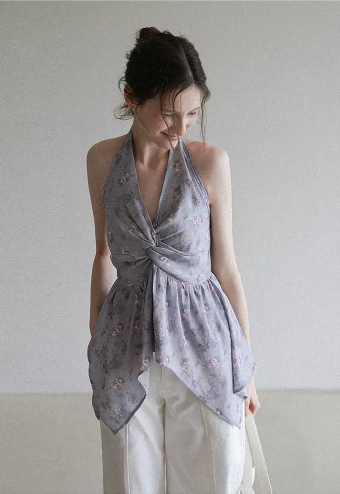 Women’s Floral Twist Halter Peplum Top