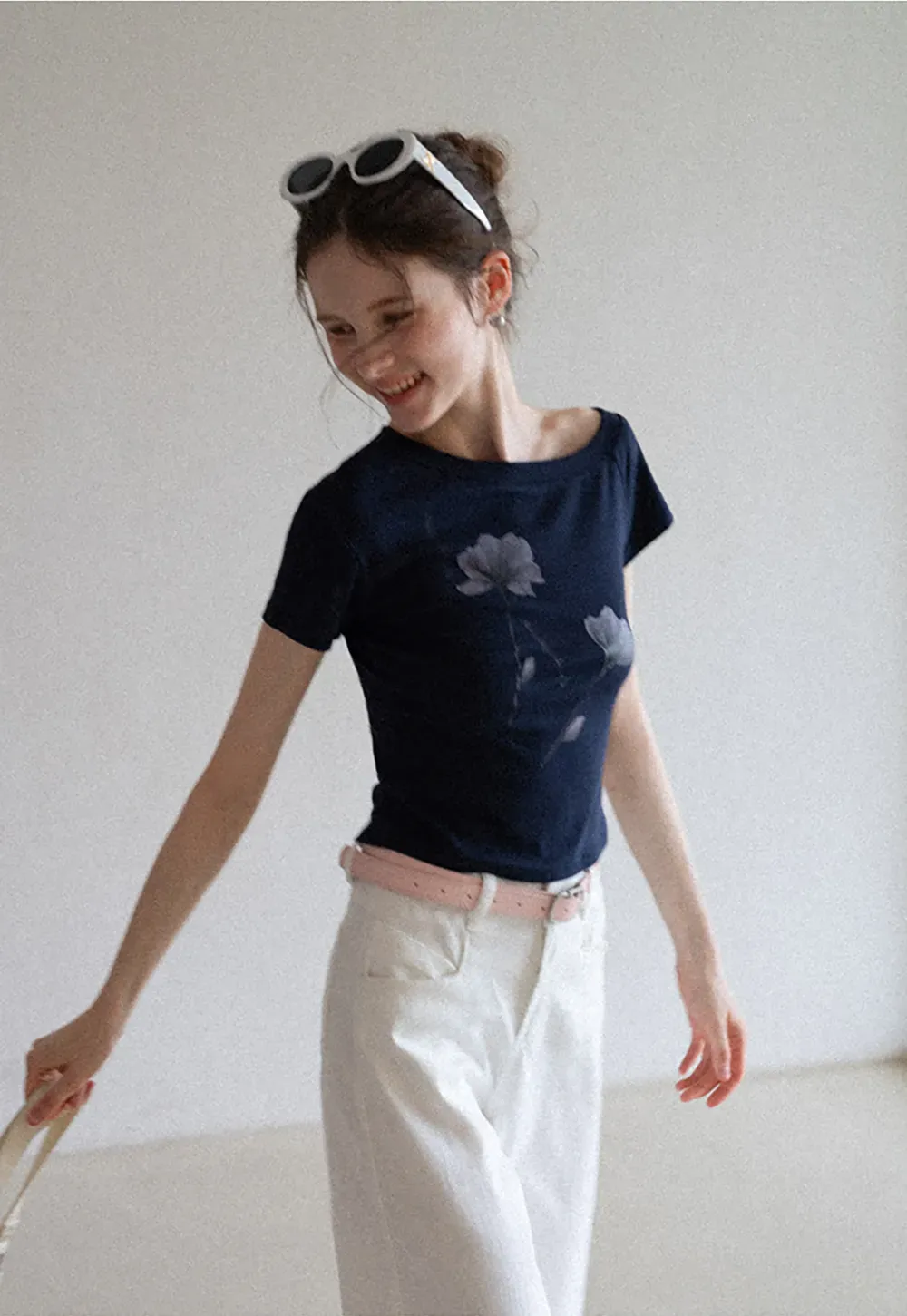 Floral Print Asymmetrical Neck Tee