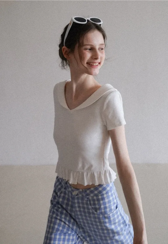 Women’s Sailor Collar Ruffle Hem Short-Sleeve Tee
