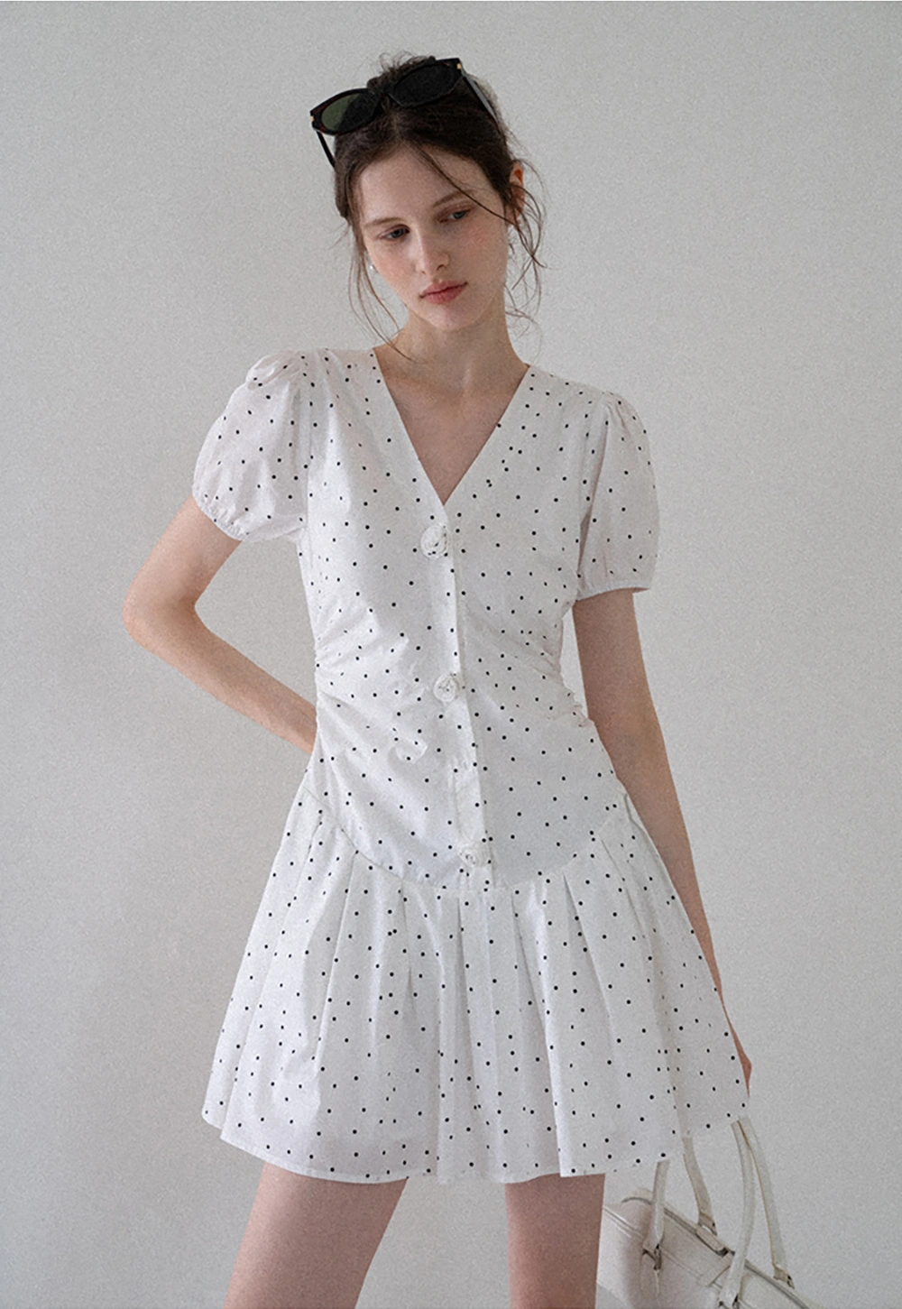 Women’s Polka Dot Ruched Button Mini Dress