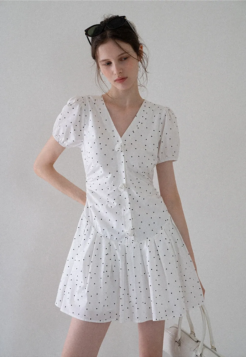 Women’s Polka Dot Ruched Button Mini Dress