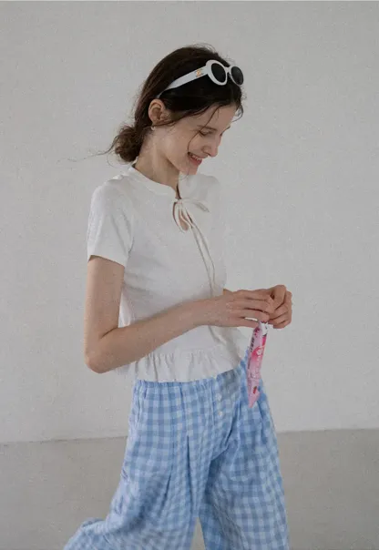 Bow Tie Ruffle Hem T-Shirt