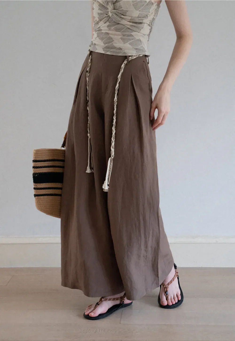 Wide Leg Pants with Braided Rope Belt