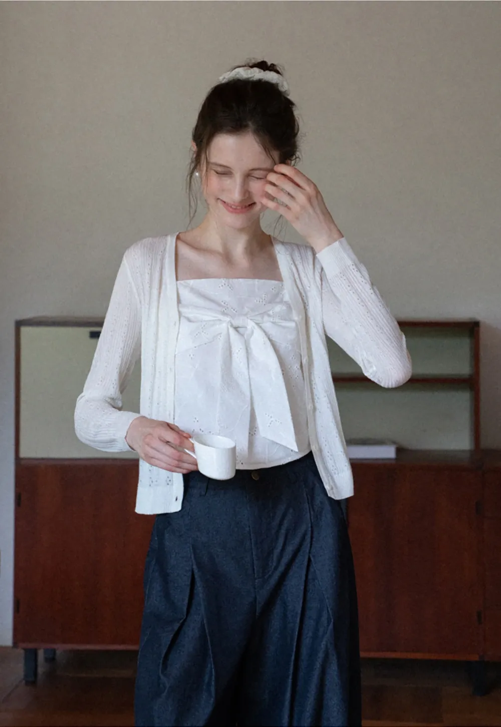 Pointelle Knit V-Neck Cardigan