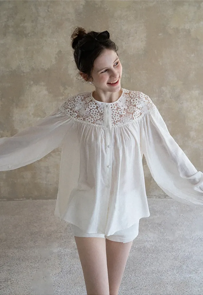 Women Lace Yoke Bishop Sleeve Button Down Blouse