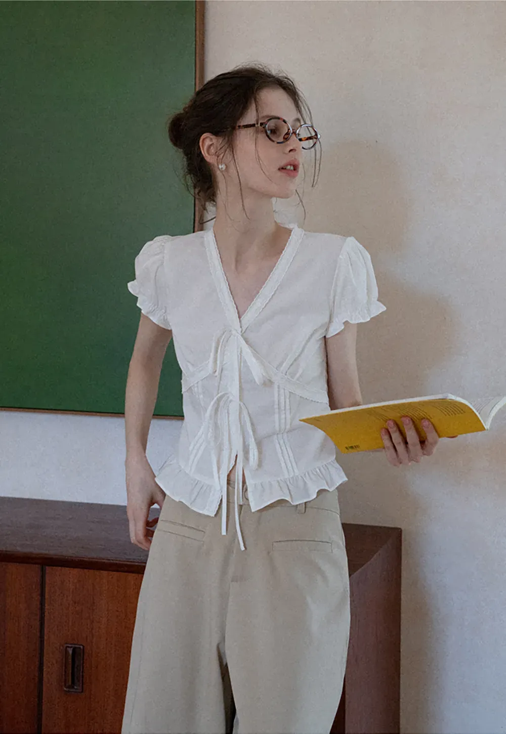 Women's Puff Sleeve Back Tie Blouse with Lace Trim