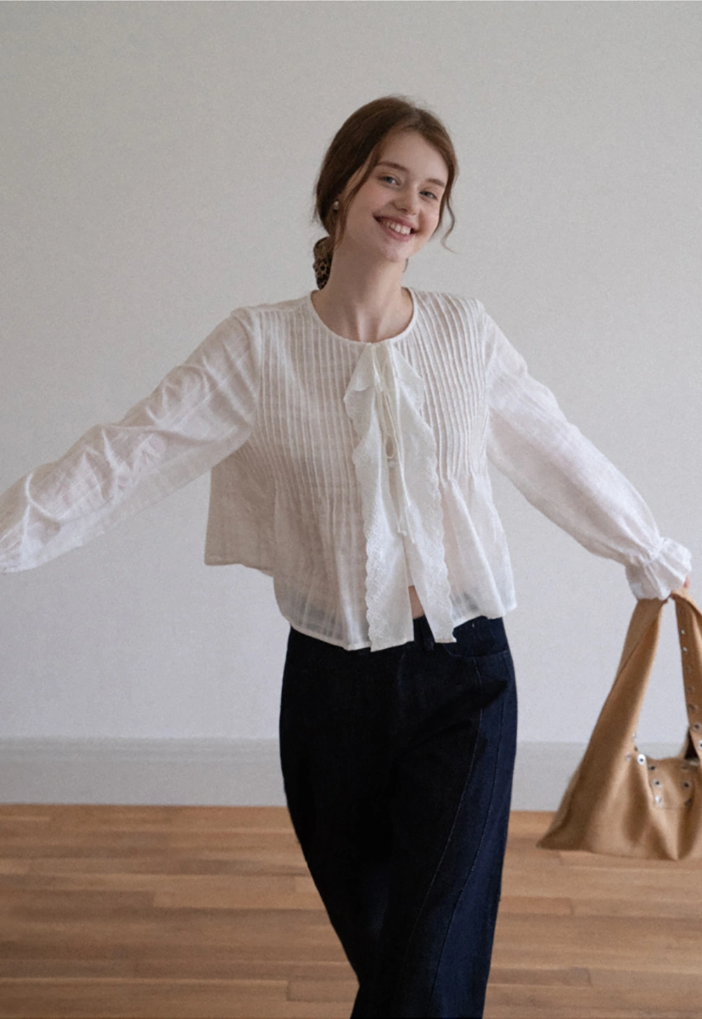 Women's Sheer Lace Tie Front Long Sleeve Blouse