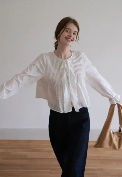 Women's Sheer Lace Tie Front Long Sleeve Blouse