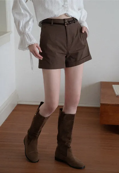 Women High Waist Belted Cuffed Chino Shorts with Pocke