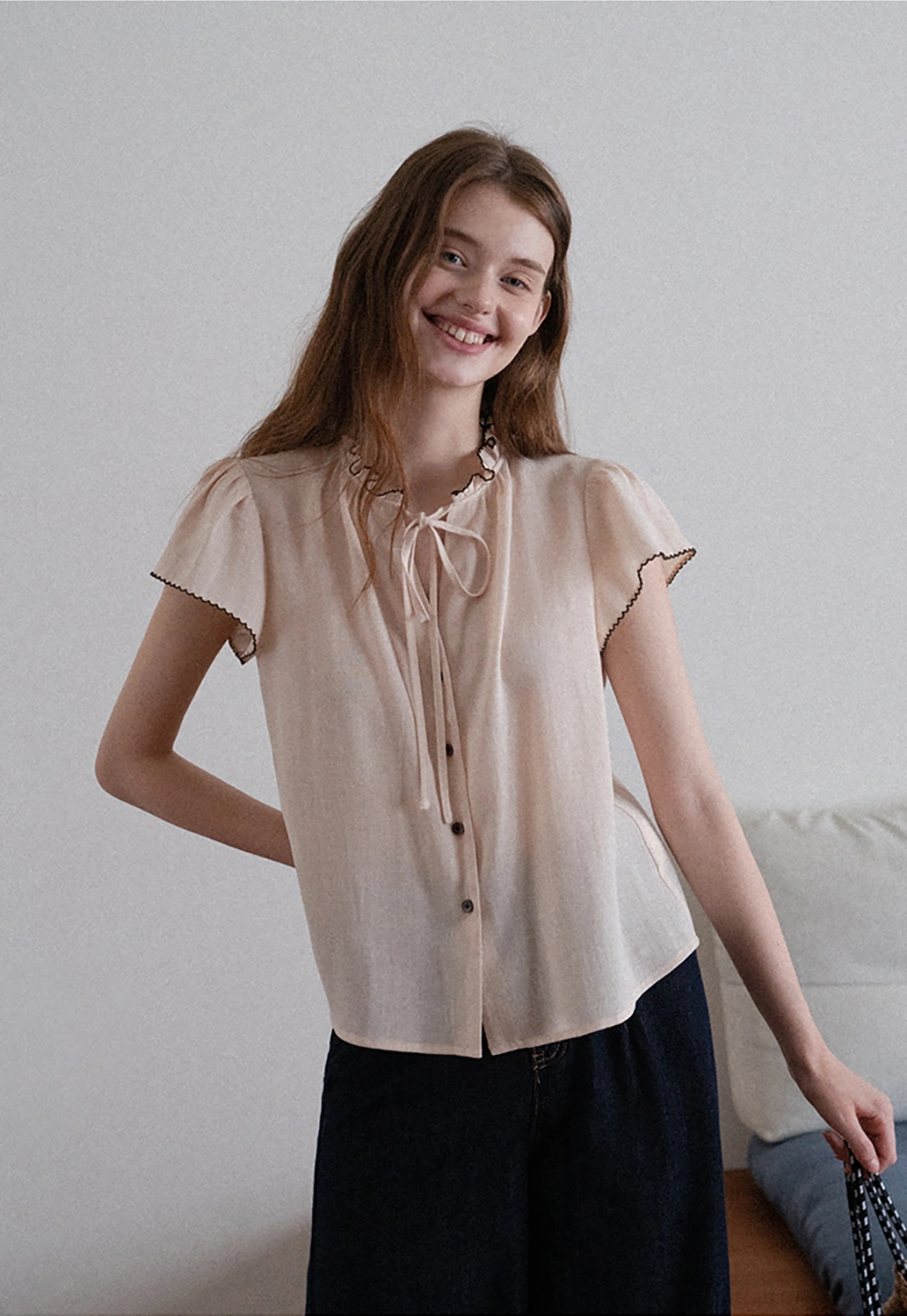 Women Ruffle Tie Neck Flutter Sleeve Button Down Blouse
