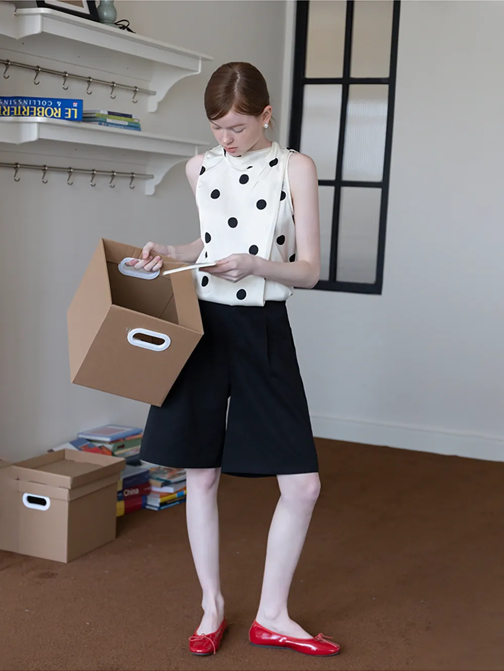 Women's Sleeveless Polka Dot Blouse with Scarf Detail